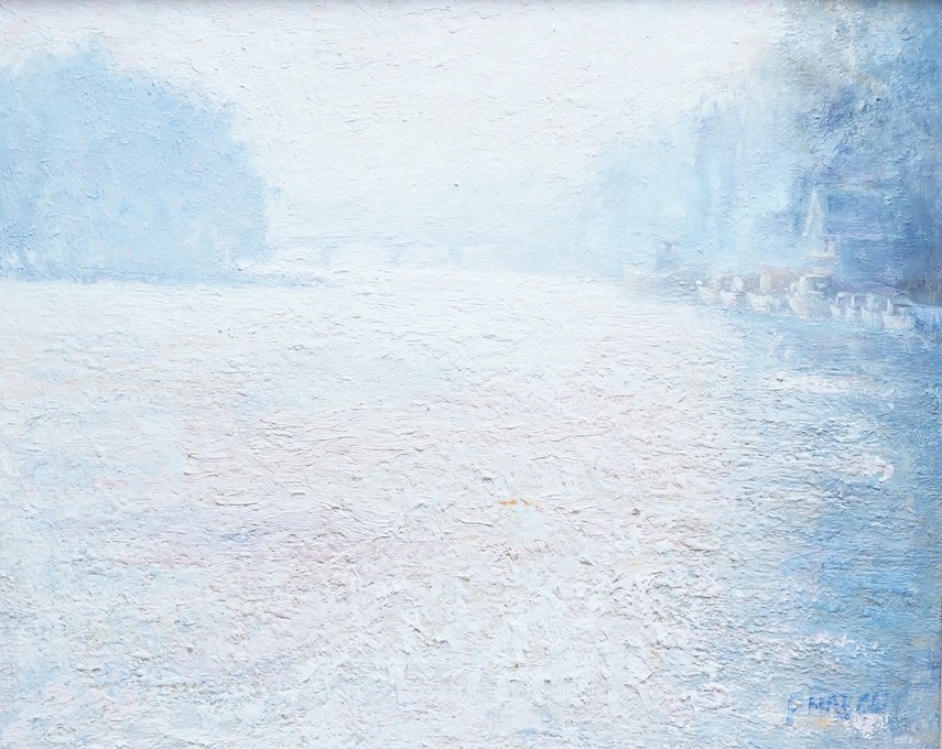 Impressionist, Riverscape with boats, indistinctly signed lower right, oil on canvas, 40 x 49cm